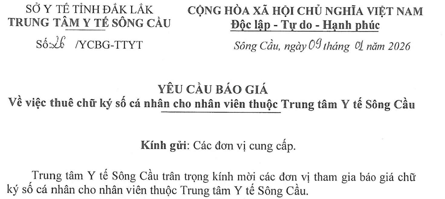YCBG về việc thuê chữ ký số cá nhân cho nhân viên thuộc Trung tâm Y tế Sông Cầu